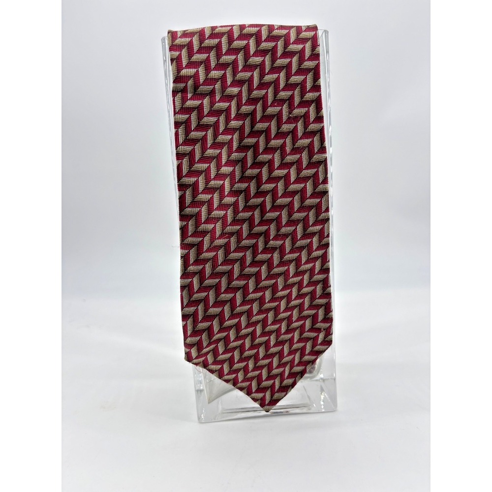Ziggurat Mulberry Neckwear Mens Silk Tie Burgundy Tan Geometric Chevron Pattern